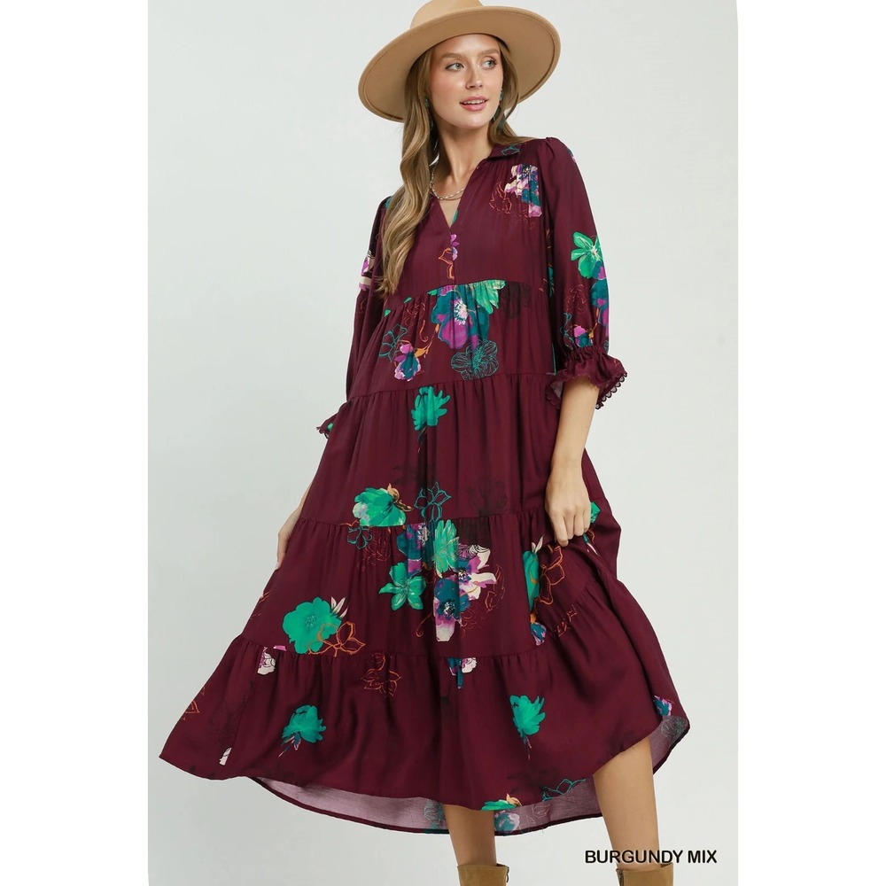 Umgee Floral Print Tiered Midi Dress with Puff Sleeves - Burgundy - Small